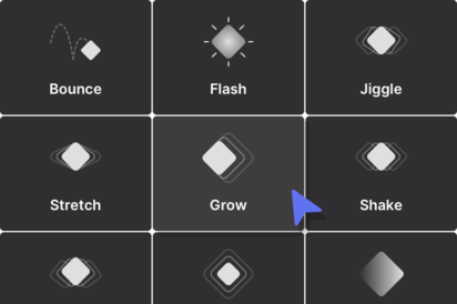An illustration of various animation types like Bounce, Flash, Jiggle, Stretch, Grow, Shake and more.